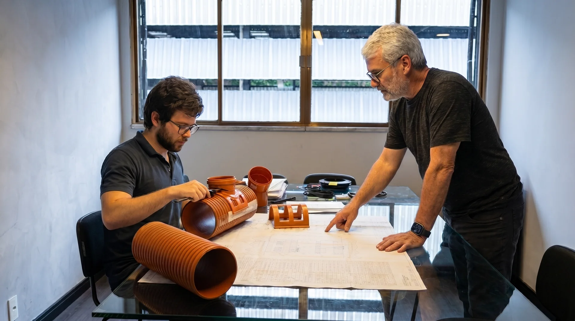 Equipe analisando aplicação em tubos de PVC para desenvolvimento de produto de borracha customizado
